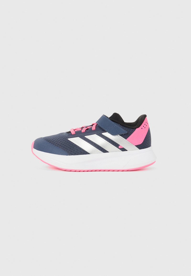 Sport shoes with a navy mesh upper, silver stripes, pink accents, Velcro strap, and a white and pink rubber sole.