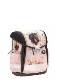 Rosa Rucksack mit Pferdemotiven, floralen Mustern, schwarzen Akzenten, strukturiertem Deckel, silbernen Beschlägen und reflektierenden Streifen. Verfügt über eine Seitentasche.