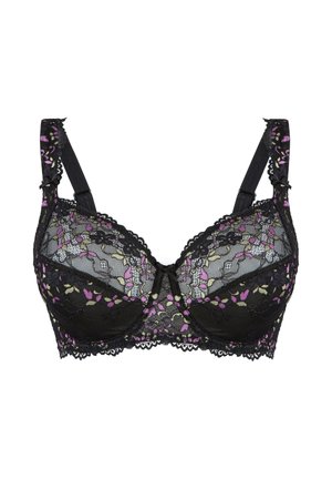 Soutien-gorge en dentelle noire avec des motifs floraux en violet et vert, avec un soutien-gorge à armature, des bretelles réglables et des détails en dentelle délicate.