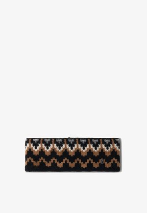 Bandeau en tricot noir, marron et blanc avec un motif en zigzag. Présente une texture douce et un petit logo sur un côté.