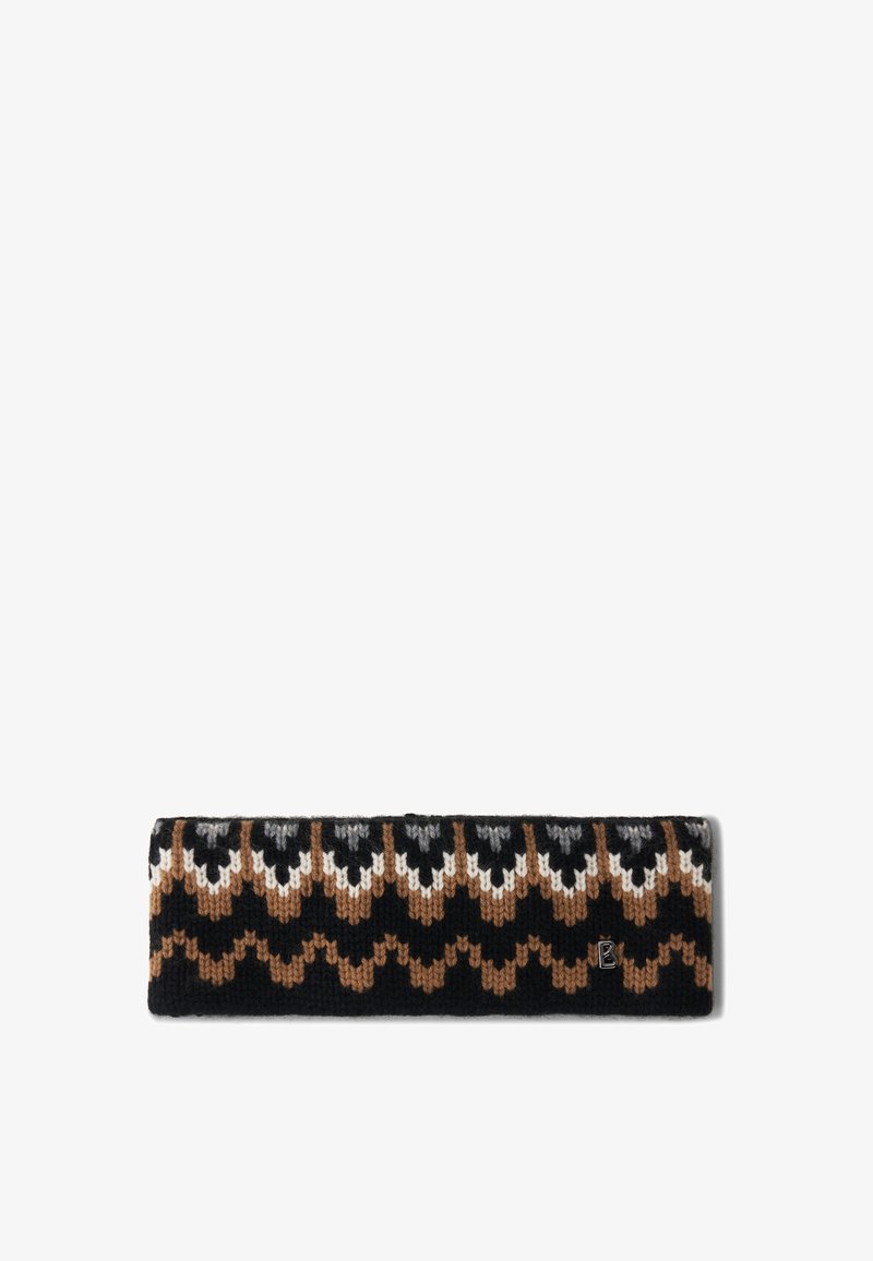 Strik hovedbånd i sort, brun og hvid med et zigzag-mønster. Har en blød tekstur og et lille logodesign på den ene side.