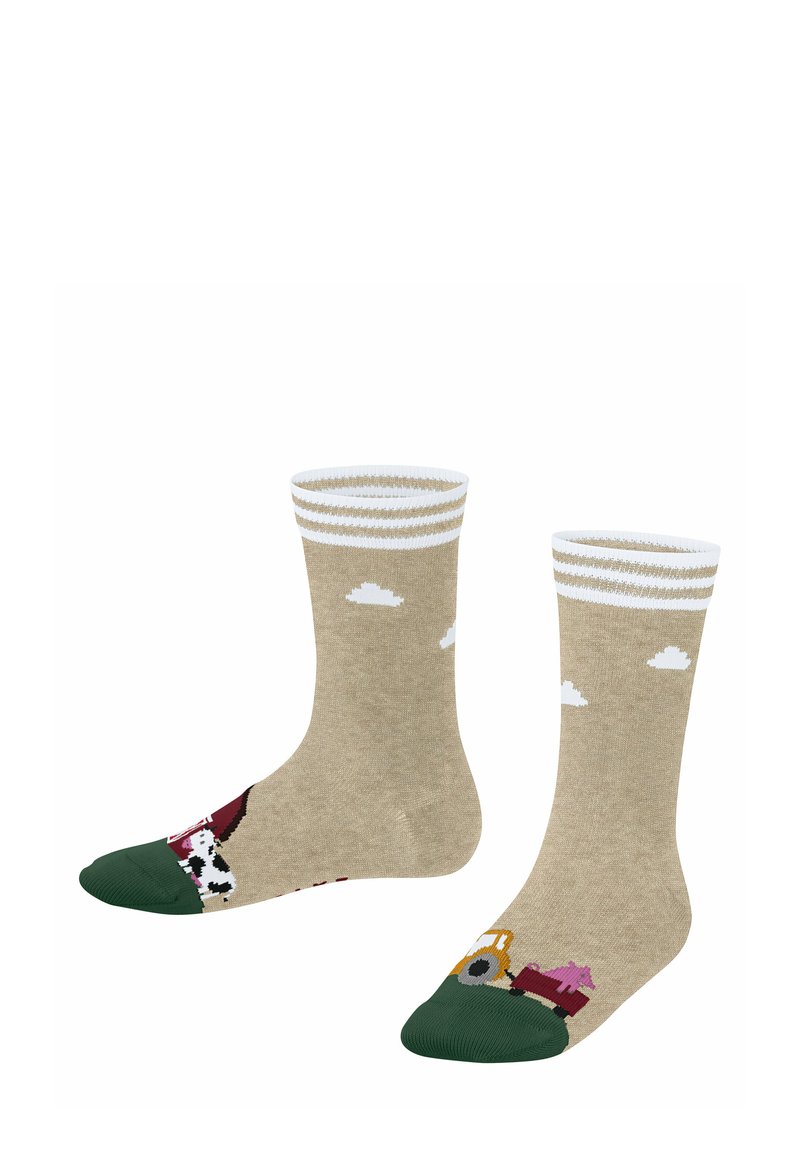 Beżowe bawełniane skarpetki z białymi prążkowanymi mankietami, ozdobione wzorami z farmy: krowy i traktor na zielonych i bordowych akcentach przy palcach.