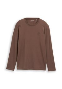 Bruin T-shirt met lange mouwen gemaakt van zacht katoen, met een ronde halslijn en een subtiele logo-opdruk op de borst. Getailleerde pasvorm met een rechte zoom.
