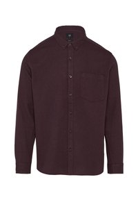 Chemise boutonnée bordeaux foncé en tissu doux, avec des manches longues, une poche poitrine et un col classique.