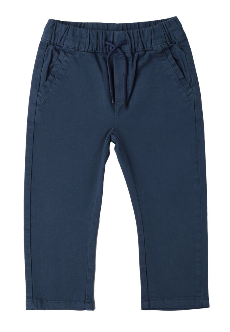 Granatowe spodnie bawełniane z domieszką elastanu, z elastycznym paskiem w talii, regulowanym sznurkiem, dwiema kieszeniami bocznymi i gładką fakturą.