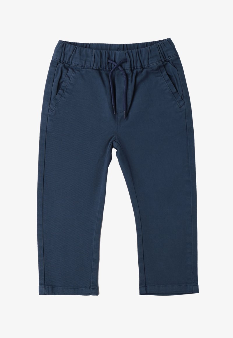 Granatowe spodnie bawełniane z domieszką elastanu, z elastycznym paskiem w talii, regulowanym sznurkiem, dwiema kieszeniami bocznymi i gładką fakturą.