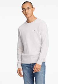 Lichtgrijze crewneck sweater met geribbelde manchetten en onderrand, gemaakt van zachte stof, gecombineerd met vervaagde blauwe spijkerbroek, casual ontwerp, minimale logo details.
