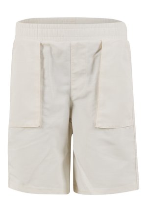 Pantaloni scurți bej deschis, cu talie elastică, având două buzunare laterale mari și un material neted, ușor texturat.