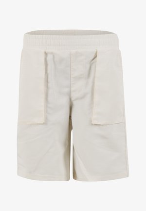 Short beige clair avec une ceinture élastique, dotés de deux grandes poches latérales et d'un tissu lisse légèrement texturé.