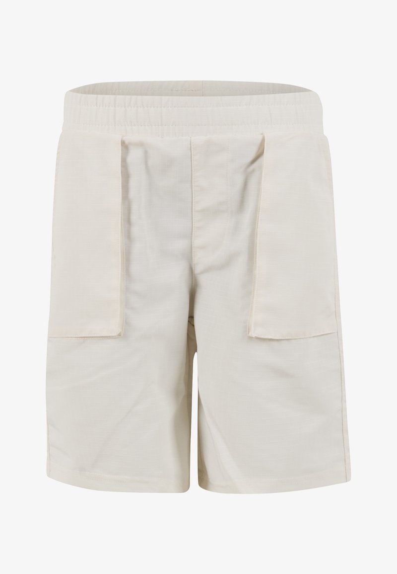 Short beige clair avec une ceinture élastique, dotés de deux grandes poches latérales et d'un tissu lisse légèrement texturé.