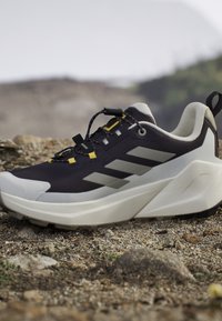 Chaussure de trail running noir et blanc avec trois bandes grises, semelle crantée et lacets avec fermeture à bascule sur une surface extérieure rocheuse.