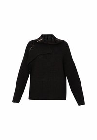 Pull noir en maille à manches longues avec col plié et détail de fermeture éclair argentée en diagonale sur l'épaule gauche.