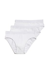 Drei Paar weiße Baumwollslips mit einem weichen Bund. Jedes Paar zeichnet sich durch ein einfaches, nahtloses Design und einen klassischen Schnitt aus.
