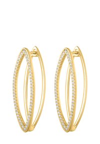 Goldene Ohrringe in einer länglich ovalen Form, mit einer paveeierten Linie funkelnder Steine entlang der Kante. Glatte Oberfläche und polierte Verarbeitung.