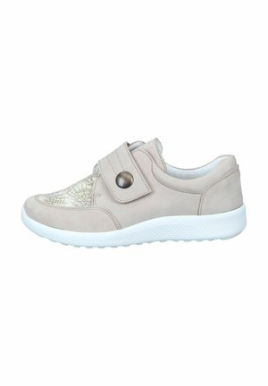Beige sneaker with textured, woven upper and smooth leather accents, featuring a Velcro strap and white rubber sole.