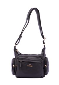 Borsa a spalla in pelle nera con superficie testurizzata, dotata di molteplici tasche con cerniera, tracolla regolabile e dettagli in metallo dorato.