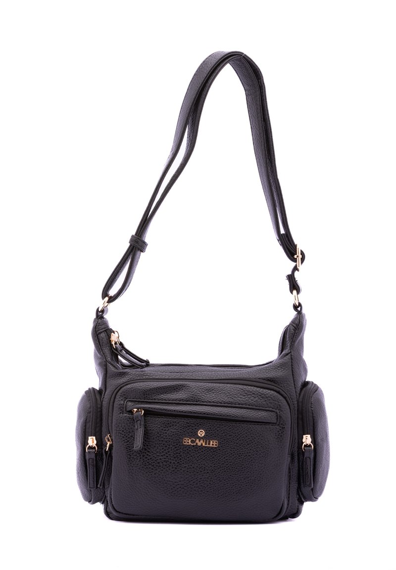 Borsa a spalla in pelle nera con superficie testurizzata, dotata di molteplici tasche con cerniera, tracolla regolabile e dettagli in metallo dorato.