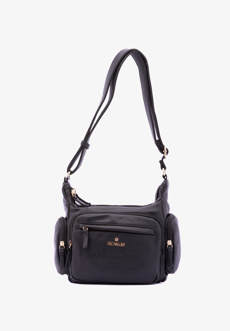 Borsa a spalla in pelle nera con superficie testurizzata, dotata di molteplici tasche con cerniera, tracolla regolabile e dettagli in metallo dorato.