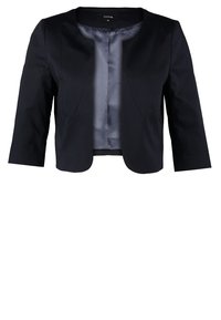 Blazer noir court avec manches trois-quarts et devant ouvert arrondi, doté d'une doublure intérieure lisse semblable à du satin.