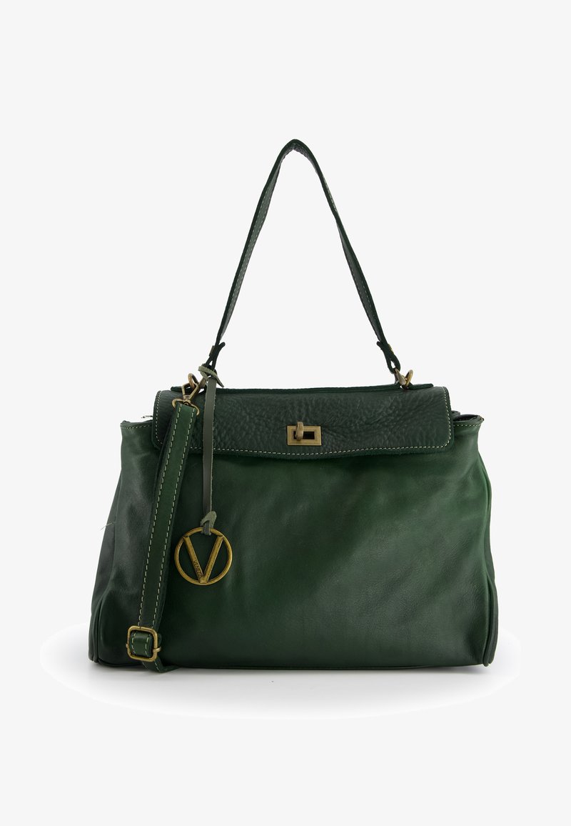 Green leather handbag with a textured flap, gold hardware, contrast stitching, and a detachable strap featuring a circular charm.