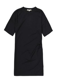 Zwarte T-shirt jurk gemaakt van zacht katoen met een relaxte pasvorm, korte mouwen, een ronde hals en een subtiele zijzak. Gladde textuur, geen patronen.