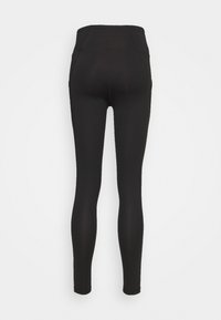 Svarta tights med hög midja, tillverkade av stretchigt material, med en slät yta och figurnära design. Inga synliga mönster eller dekorationer.