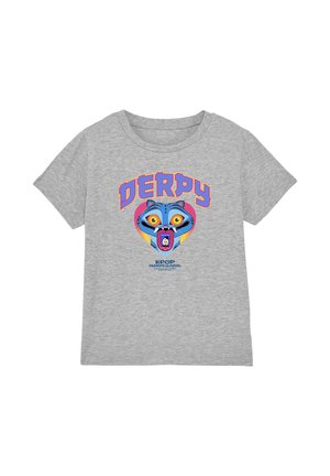 Gray T-shirt with colorful cartoon raccoon face, yellow eyes, open mouth, "DERPY" text above, and "KPOP Demon Hunters" text below design.