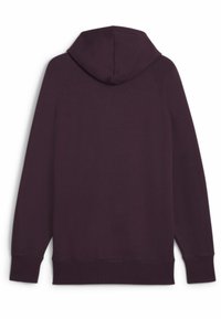 Pullover hoodie i dyb lilla, med hætte, raglanærmer og ribbede manchetter. Glat tekstur uden synlige mønstre eller detaljer.