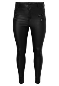 Svarta leggings i konstläder med en blank yta, som har tre dragkedjefickor på framsidan och en åtsittande silhuett.