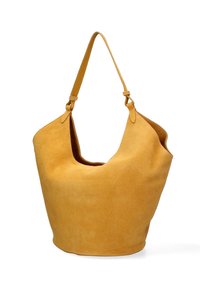 Borsa hobo in suede giallo senape con un'ampia apertura e una tracolla allungata, caratterizzata da una texture liscia e da un design minimalista.