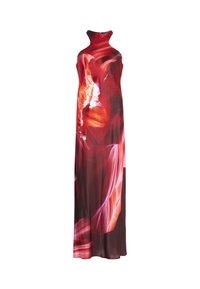 Long dress made of lightweight fabric featuring a vibrant red and orange abstract pattern, high neckline, and a flowing silhouette.