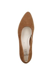 Zapato de tacón alto marrón con textura, punta afilada y interior suave, con una plantilla lisa y diseño de fácil colocación. Talla 6.