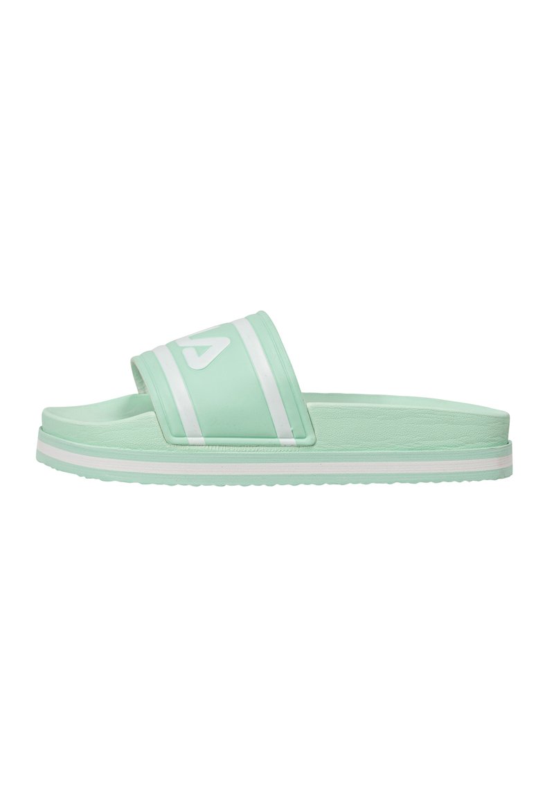 Infradito verde menta realizzato in gomma. Presenta una larga fascia con accenti bianchi e una suola interna testurizzata per una buona aderenza. Design della suola piatta.
