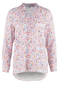 Blomsterbluse i let stof med knaplukning foran, krave og lange ærmer. Har livlige, flerfarvede blomsterdesigns.