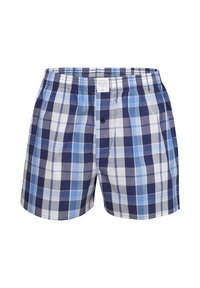 Herenboxers gemaakt van geweven stof in een blauw en grijs ruitpatroon, met een knoopsluiting en een elastische tailleband.