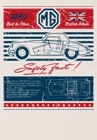 Illustration av en 1489 MGA-bil i vitt, med en sidovy och en detaljerad ritning nedanför. Färgskalan inkluderar röd, marinblå och kräm.