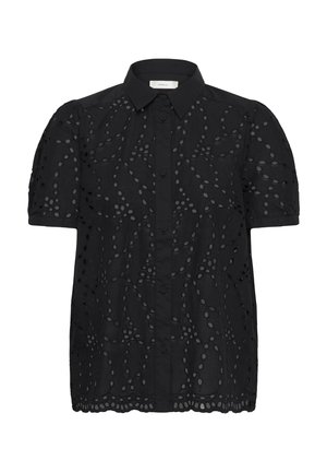 Fekete rövid ujjú blúz hímzett szemmintával, gombos elülső résszel, gallérral és hullámos szegéllyel.