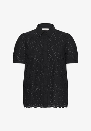 Fekete rövid ujjú blúz hímzett szemmintával, gombos elülső résszel, gallérral és hullámos szegéllyel.