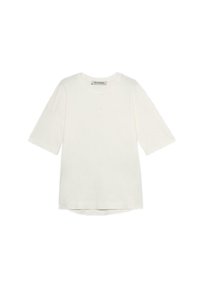 T-shirt bianco in cotone con maniche corte, scollo rotondo e un logo in rilievo sottile sul petto. Orlo dritto con leggero design a coda di rondine.
