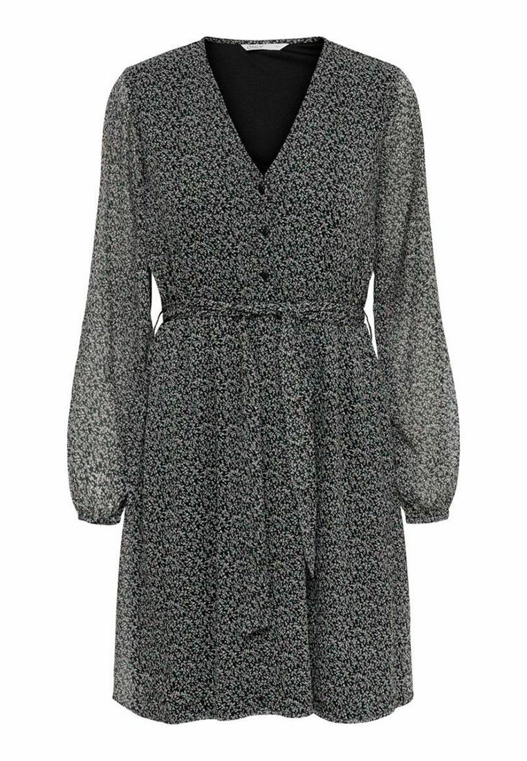 Robe noire à manches longues avec petit motif floral blanc, col en V, devant boutonné, taille cintrée avec ceinture en tissu assorti et jupe légèrement évasée.