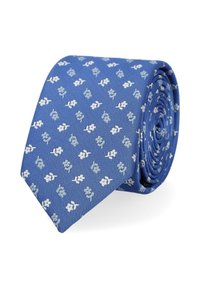 Niebieski krawat z teksturowanymi paskami, zdobiony kwiatowym wzorem w bieli i jasnym niebieskim. Rolowane tkaniny, gładka faktura i spiczasty koniec.