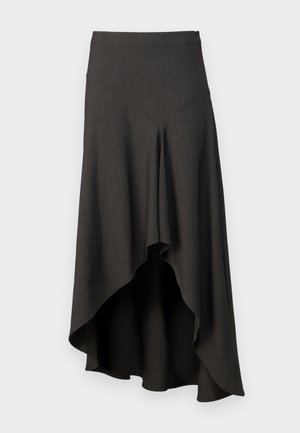 Temno siva, krila visoko pasila z asimetričnim robom. Izdelana iz gladkega materiala, s subtilno teksturo in čisto silhueto. Zapenjanje na zadrgo.