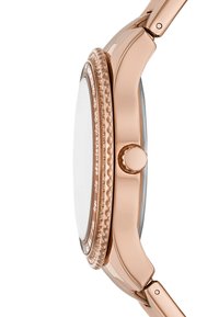 Rose gold -värinen rannekello, jossa on pyöreä kuori, teksturoitu kehys ja sileä hihna. Ominaisuuksiin kuuluu minimalistinen muotoilu ja kirkas lasinen näyttö.