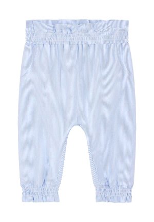 Pantaloni in cotone a righe blu e bianche con vita elasticizzata, tasche laterali e polsini arricciati all'orlo. Tessuto morbido, vestibilità comoda.
