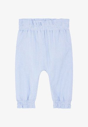 Pantalones de algodón a rayas azules y blancas con cinturilla elástica, bolsillos laterales y puños fruncidos en el dobladillo. Textura suave, corte relajado.