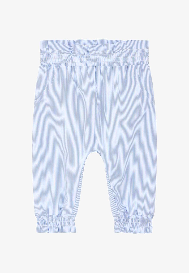 Blaue und weiße gestreifte Baumwollhose mit elastischem Bund, Seitentaschen und gerafften Bündchen am Saum. Weiche Textur, lässige Passform.