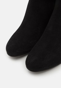 Bottines en daim noir avec un bout pointu, une texture lisse et un design minimaliste. Elles présentent un talon discret et aucun élément métallique visible.