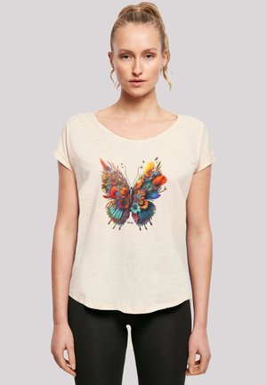 Light beige short-sleeved t-shirt featuring a colorful butterfly design with floral elements; soft textured fabric with a relaxed fit.