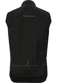 Schwarze ärmellose Weste mit glatter Oberfläche, die reflektierende Akzente und ein Herzschlagmuster entlang des unteren Rückens aufweist.