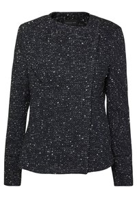 Námořnický texturovaný blazer vyrobený z tkaniny s jemným skvrnitým vzorem, kulatým výstřihem a dlouhými rukávy.